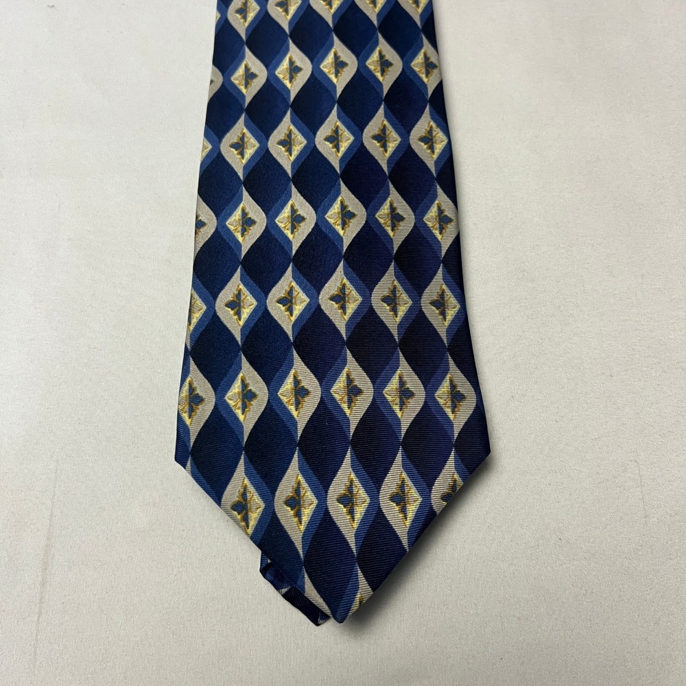 Van Heusen Silk Necktie Blue‎ Beige Geometric Diamond Pattern Men's Business